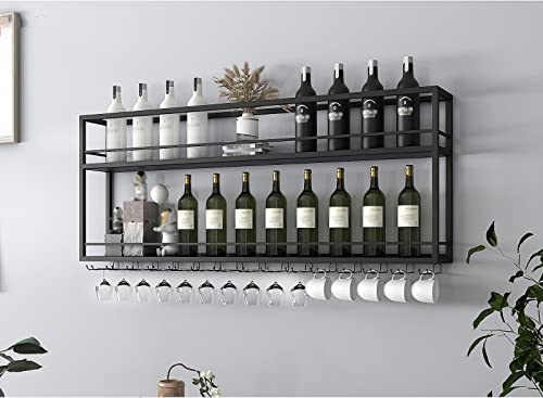 EYLINK Industrial Wall Mounted Wine Racks, Metal Hanging Wine Bottle Holder with Glass Holder, 2-Layer Wood Shelves for Living Room Kitchen Decor