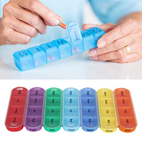 Pilipane Weekly Colored Medicine Storage Box,28 Grids Tablets Container, BPa Free Medicine Organizer with Storage Bag, Portable Tablets Storage B