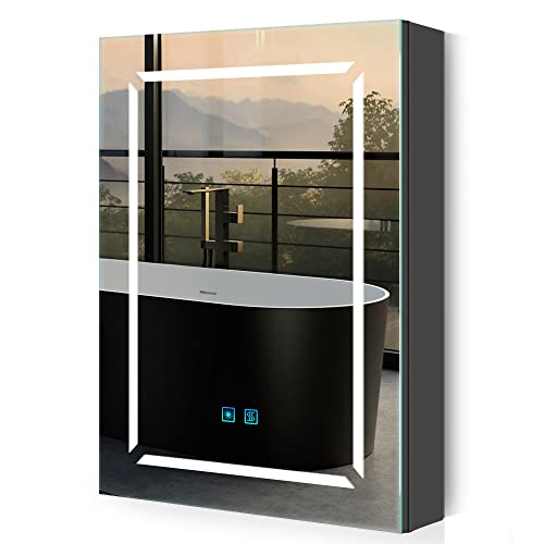 Quavikey® Bathroom Mirror Cabinet with Lights and Shaver Socket Black LED Medicine Cabinet Wall Mounted with Shelf 3 Color Temperature Adjustment