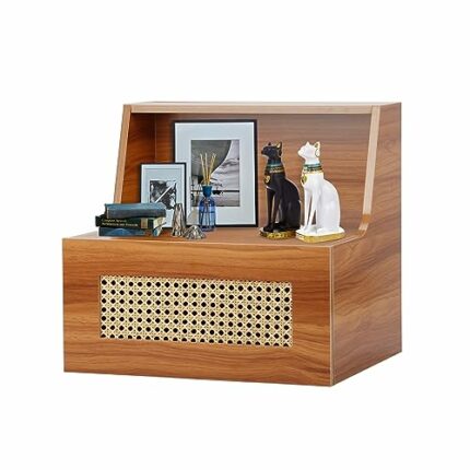 ybaymy Wall Mounted Floating Bedroom Nightstand,2 Tier Small Rattan Nightstand with Storage Drawer and Open Storage Shelf Mid Century Bedside Tab