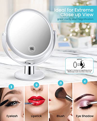 Magnifying Makeup Mirror, 1X 15X Double Sided Magnification Mirror, 360 Degree Rotation Table Mirror, White