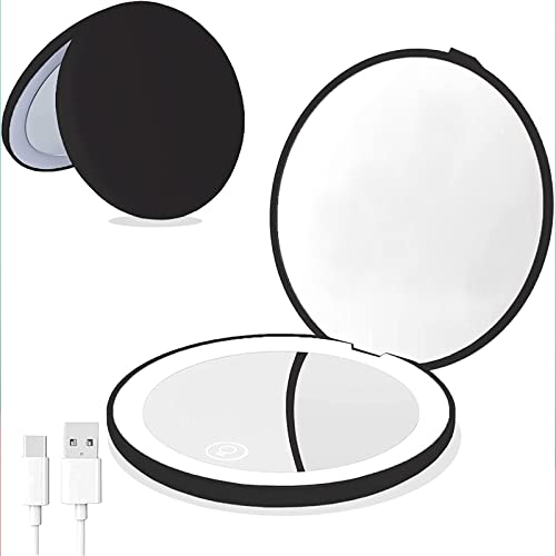 Minidiva LED Lighted Makeup Mirror, 1x/10x Magnification Compact Mirror, Portable Rechargeable for Purses and Travel (Black)