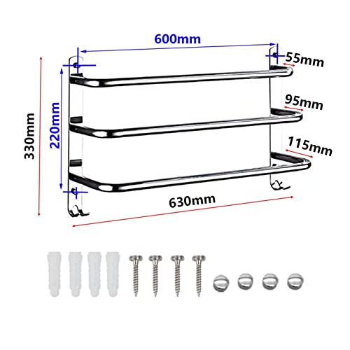 HONPHIER® Towel Rail Chrome 3-Tier Bath Towel Rack with Hooks SUS 304 Stainless Steel Wall Mounted Towel Holder Towel Bar Rail for Kitchen Bathro