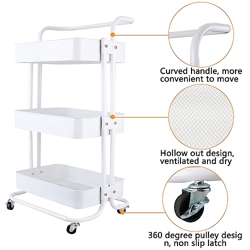 ASelected 3 Tier Storage Trolley with Lock 82x45x37CM Kitchen Storage Utility Cart Rolling Storage Rack for Bedroom Bathroom Office(White)