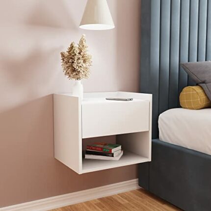 GFW Pair of Wall Mounted Minimalistic Floating Bedside Tables with Storage Drawer & Shelf, Wood, White, 42.5 x 33 x 36 cm