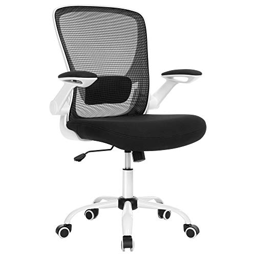 SONGMICS Office Chair with Folding Armrest, Desk Mesh Chair, Ergonomic Computer Chair, 360° Swivel Chair, Adjustable Lumbar Support, Space-Saving