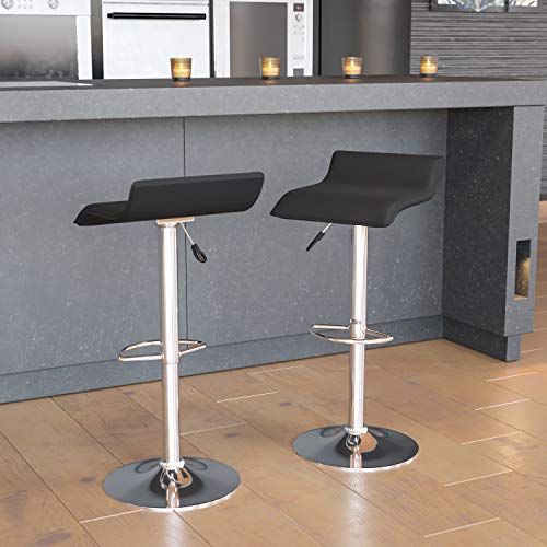Flash Furniture 2 Pack Contemporary Vinyl Adjustable Height Barstool with Solid Wave Seat and Chrome Base, Fabric, Black, Set of 2