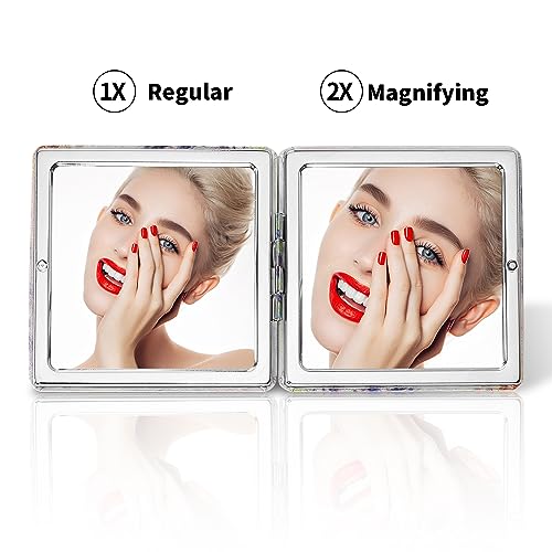 Dynippy Compact Mirror Double-Sided 1X/2X Magnifying 3.15inch Bulk Pu Leather Makeup Mirrors Square Mirror for Purses Small Pocket Portable Hand