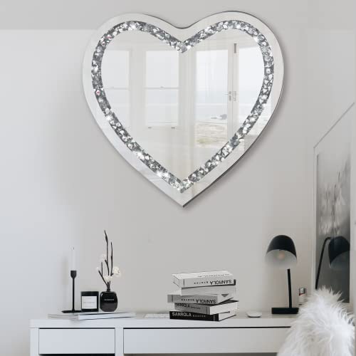 LXARTZJ Crystal Crush Diamond Heart Shaped Silver Mirror for Wall 20x20 inch Wall Hang Frameless Sparkly Mirror Glass for Bedroom, Living Room