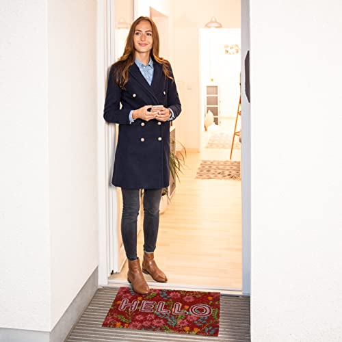 Relaxdays Doormat Coir HELLO Flowers, 40 x 60 cm, Door Mat Inside & Outside, Non-Slip Wiper, Rectangular, Colourful