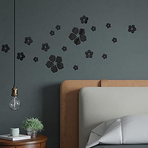 MVPACKEEY 18pcs Acrylic Mirror Wall Sticker Decal 3D Flower DIY Wall Decoration for Home Living Room Bedroom Decor (Black)