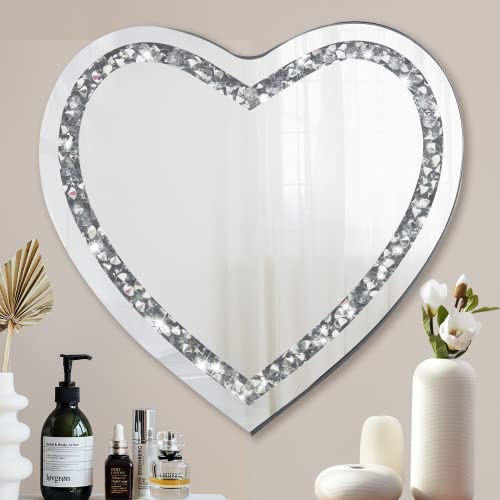 LXARTZJ Crystal Crush Diamond Heart Shaped Silver Mirror for Wall 20x20 inch Wall Hang Frameless Sparkly Mirror Glass for Bedroom, Living Room