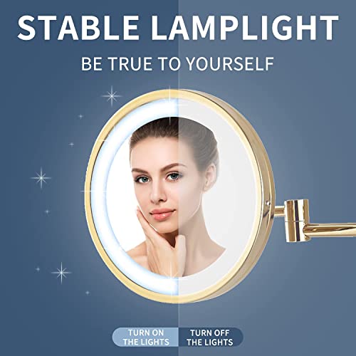 DOWRY Wall Magnifying Mirror with Lights 10x Gold Makeup Mirror 3 Switchable Light Colors Extendable LED Shaving Mirror Flexible Swivel Arm,Diame