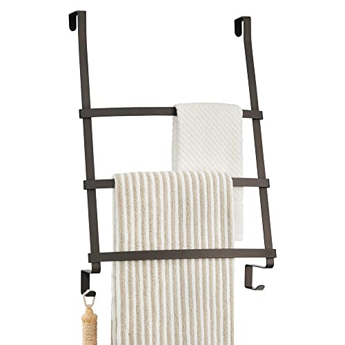 mDesign Over The Door Towel Ladder - Towel Rail with 3 Rungs and 2 Hooks for Bath Towels, Hand Towels or Clothing - Over The Door Towel Rack - Br