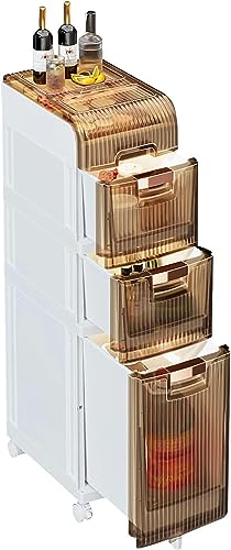 OPSREY 4 Tier Bathroom Floor Cabinet Vertical Storage Unit, Toilet Paper Storage Stand Plastic, Narrow Bath Organizer with Drawers