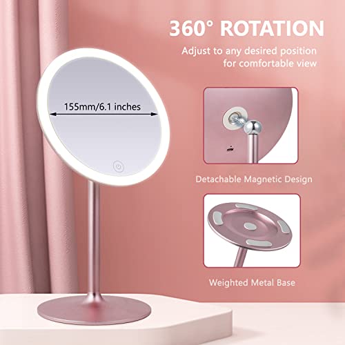 Kostlich Makeup Mirror with Lights, Rechargeable Vanity Mirror with 10X Magnifying Small Pocket Mirror - Aluminum Stand, Detachable, Touch Sensor