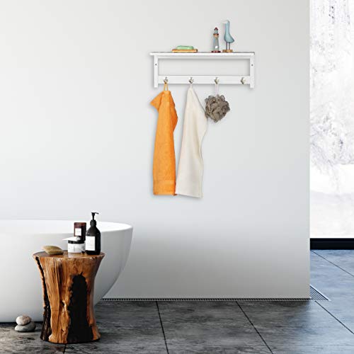 Relaxdays Wall 4 Hooks, HxWxD: 17.5 x 50 x 16 cm, Bamboo, Towel Holder, Hallway Coat Rack, Floating, White, 16 x 50 x 17.5 cm