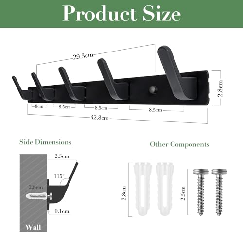 Sevenpers Coat Hangers Wall Mounted, Wall Coat Racks (2 Pack), Heavy Duty Black Coat Hooks, Door Hanger with 5 Hooks, Clothes Hooks and Wall Hook