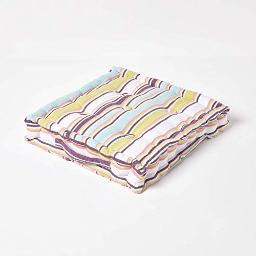 HOMESCAPES Osaka Multi Stripes Floor Cushion - 100% Cotton - 40 x 40 x 8 cm Square - Indoor - Garden - Dining chair booster Seat Cushion Pad