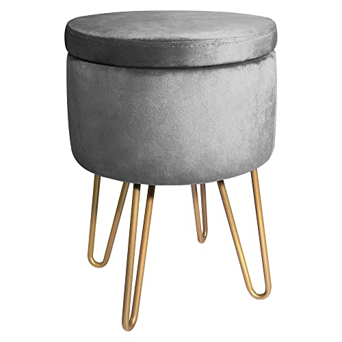 BONTEC Velvet Dressing Table Stool, Round Vanity Stool with Storange, Bedroom Ottoman Stool with Metal Legs for Home Living Room Fitting Room Bed