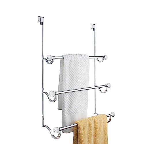 mDesign Over the Door Towel Rail – Modern Bathroom Towel Rack with 3 Bars – Hanging Towel Storage Rack – Essential Bathroom Storage – White/Chrom