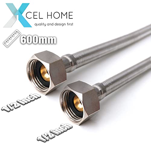 Pair of 1/2" x 1/2" BSP (600mm) Flexible Connectors | DIY Repalcement Bathroom/Kitchen/Boiler Flexi Hose Pipes Tail