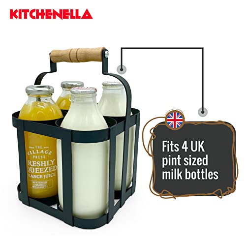 Milk Bottle Holder Doorstep in Black Metal with Wooden Handle - Carrier Fits 4 Standard Pint Sized UK Milk Bottles Vintage Retro Traditional Desi