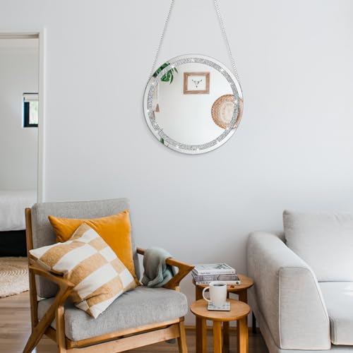 Mirrors for Wall Crystal Crush Diamond Silver Round Mirror for Wall Decor Frameless Mirror with Silver Stainless Steel Chain for Hallway Bathroom