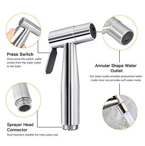 DJROLL Handheld Bidet Sprayer for Toilet, Spray Attachment with Hose for Feminine Wash, Baby Cloth Diaper Washer, Stainless Steel Cleaner and Sho