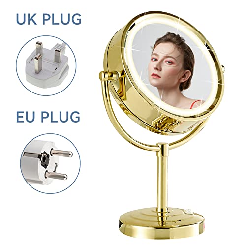 DOWRY Magnifying Mirror with LED Lights 10x Gold Illuminated Shaving Mirror Free Standing Mirror for Dressing Table 360 ° Rotatable Double Sided