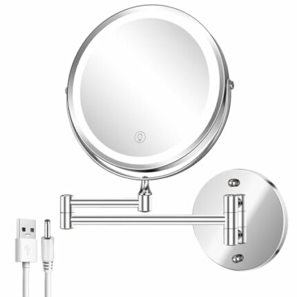 AusDaur 8” Lighted Wall Mounted Makeup Mirror, 1x/10x Magnifying Vanity Mirror with Lights, Rechargeable LED 3 Color Adjustable Brightness Bathro