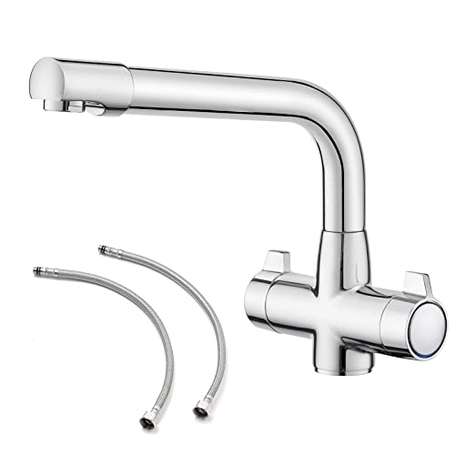 Kitchen Tap, BATHWEST Kitchen Mixer Tap with Swivel Spout, Dual Lever Knob Chromed Brass Modern Kitchen Sink Tap with UK Standard Fittings