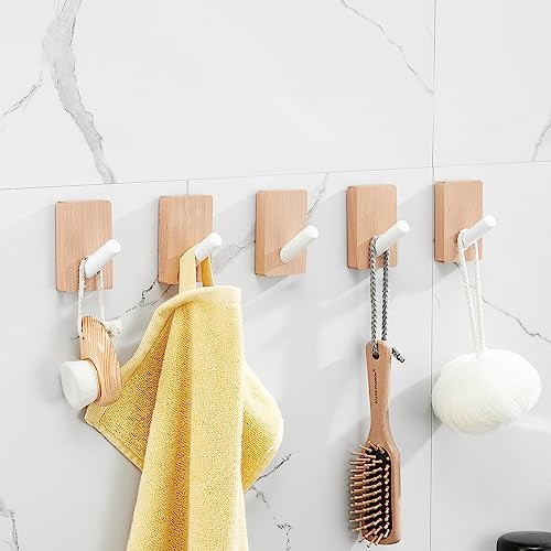 SARIHOSY Wooden and White Coat Hooks Wall Mounted, Wooden Shelves with Hooks, Coat Knobs Wooden White Pegs for Wall, Oak Coat Hooks Wall Mounted