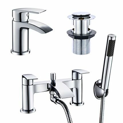 [Basin Tap + Bath Shower Tap] Hapilife Bathroom Set Waterfall Chrome Sink Mixer Tap and Bath Filler Tub Mixer Tap with Shower Head