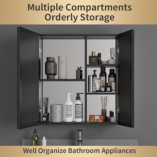 HOTIPRO Bathroom Medicine Cabinet with Mirror 31.5 x 26.7 Inch Wall-Mounted Bathroom Mirror Cabinet 2-Door Black Aluminum Medicine Cabinet Waterp