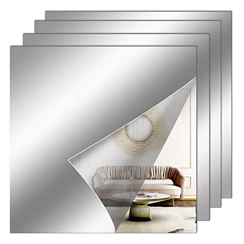 Fowecelt Acrylic Mirror Tiles Stick - 4pcs Mirror Full Length for Walls, Stick on Mirrors for Wardrobe Doors, Self Adhesive Mirror for Home Gym,