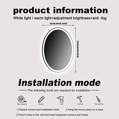 Led with lights,oval mirrors for bathroom,Anti-Fog wall mounted,Tricolor Lights, Color Temperature Adjustable,Energy -saving. (Color : White+anti