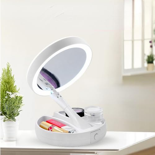 Cosmetic Mirror with LED Light and Organizer Makeup Mirror with Double Sided and 10X Magnification Mirror for Lighted Makeup, Shaving and Persona