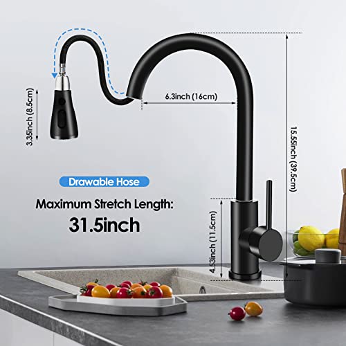 Pakuyi Kitchen Sink Taps 360° Swivel Kitchen Faucet Single Handle Single Lever High Arc Kitchen Mixer Tap with Pull Out Sprayer with 2 Modes Spra