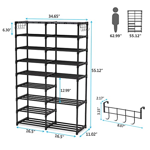 Tribesigns Shoe Rack Organizer, 32-40 Pairs Storage Shelf, 9 Tiers Stand, for Closet, Boot Organizer with 2 Hooks, Stackable Tower