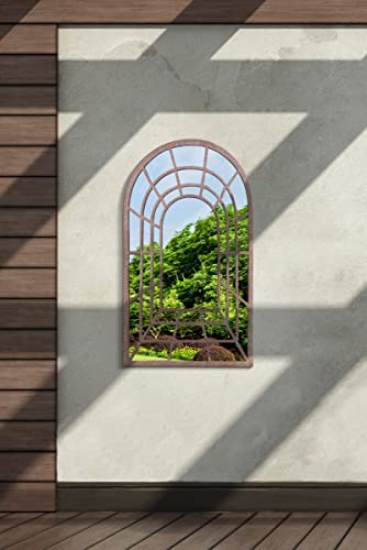 MirrorOutlet Large Metal Rustic Arched Shaped Window Garden Outdoor Mirror 77cm X 50cm, GM098, Bronze