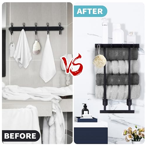 romise Towel Racks for Bathroom, Towel Holder Organizer with Black Metal Shelf and 4 Towel Hooks, Bath Wall Mounted Towel Hanger Storage, Wall Sh