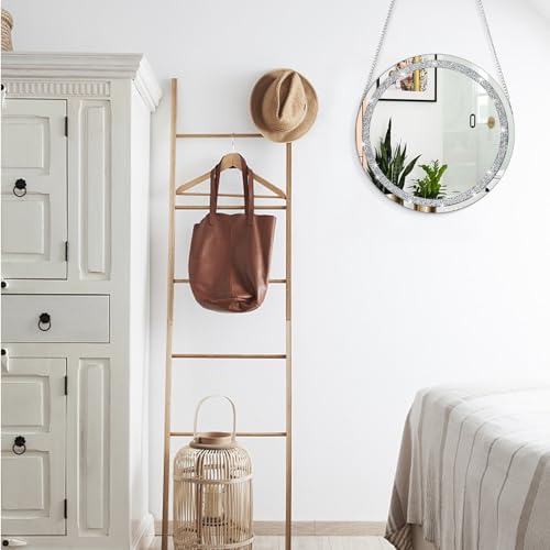 Mirrors for Wall Crystal Crush Diamond Silver Round Mirror for Wall Decor Frameless Mirror with Silver Stainless Steel Chain for Hallway Bathroom