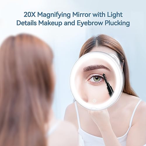 MIYADIVA 20X Magnifying Mirror with Light, Lighted Magnifying Mirror with Suction Cup and Tweezers, 3 Color Magnifying Makeup Mirror, 360 Rotatio