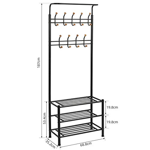 Meerveil Coat and Shoe Rack, Coat Stand, Rack with Shoe Storage, Clothes Rack with 18 Hooks Metal Frame, Entrance Furniture Shelf with Bench, Liv
