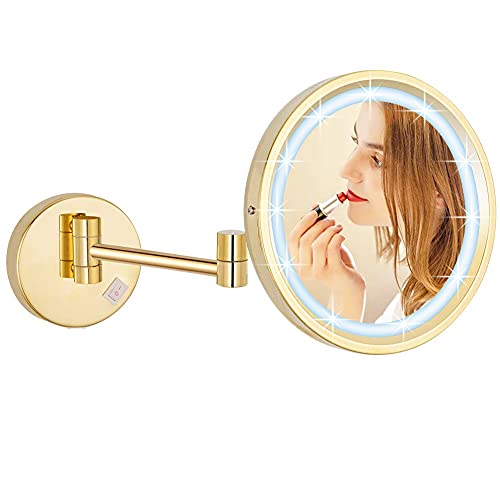 DOWRY Wall Magnifying Mirror with Lights 10x Gold Makeup Mirror 3 Switchable Light Colors Extendable LED Shaving Mirror Flexible Swivel Arm,Diame