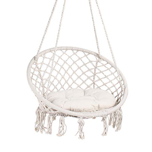Display4top Beige Hammock Chair Macrame Swing,Hanging Cotton Rope Swing Chair,Comfortable Sturdy Hanging Chairs, With Round Seat Cushion for Indo
