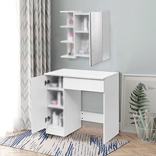 JJZXD Dressing Table with Cabinet Makeup Vanity Table Bedroom Dresser Set with Dressing Stool Drawer 3 Shelves