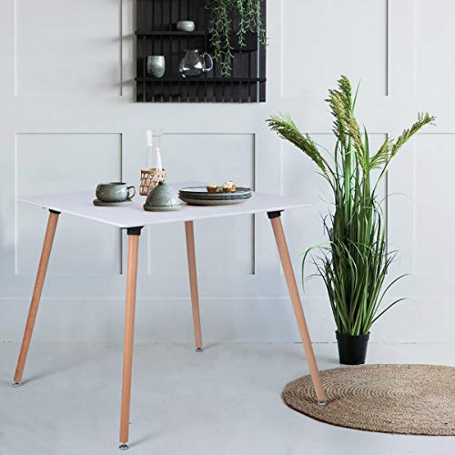 FurniutreR Square 31.5 Inch Modern Side, White with Beech Round Wood Leg for Home Kitchen Room Dining Table