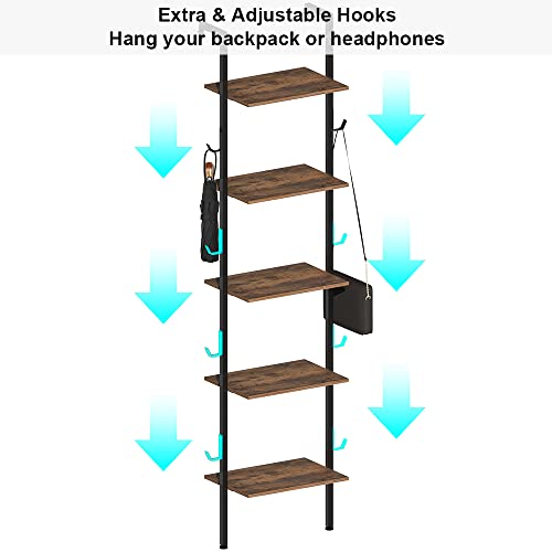 VEDECASA 5 Tiers Bookshelf Wall Mounted Industrial Ladder Shelf Bookcase with Wood and Metal Frame Open Display Shelves for Home Office Living Ro